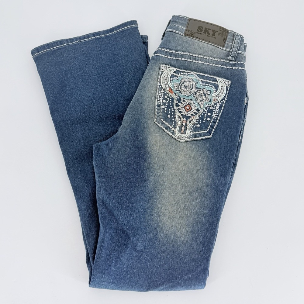 SKY‎ Premium Collection Western Steer Skull Rhinestone Bootcut Jeans 9/29 NWT